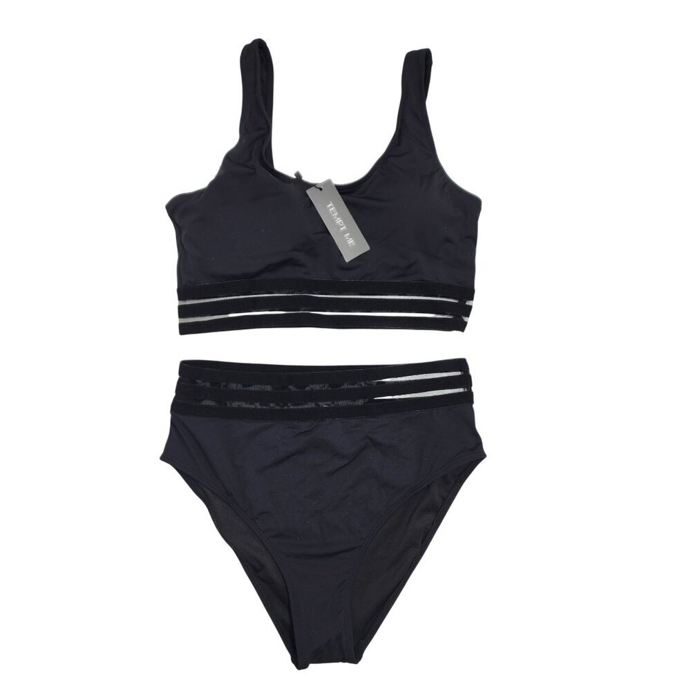 Tempt Me Womens Black High Waist Bikini Set Mesh Panel Striped Details Size S